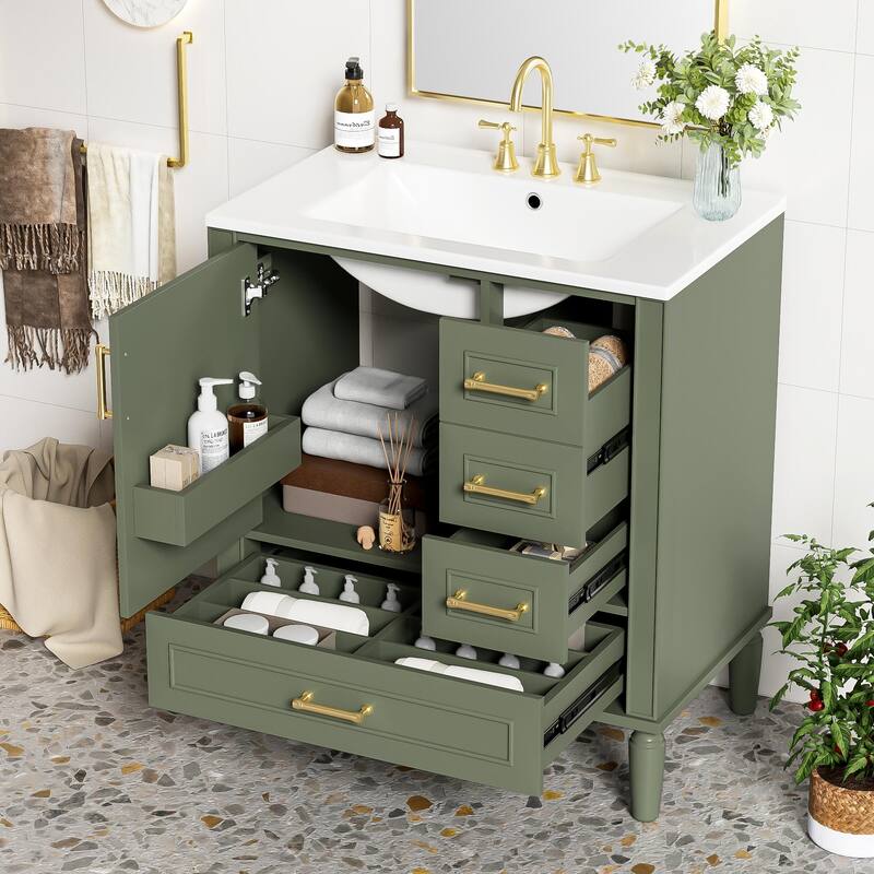 30" Bathroom Vanity with Ceramic Sink Storage Cabinet with Built-in Shelf and 3 Drawer