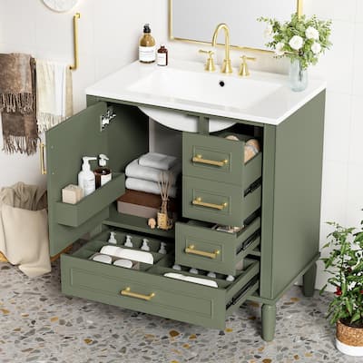 30"Bathroom Vanity with Ceramic Sink, Soft-Close Door with Built-in Shelf, Deep Drawer, Standard Drawer, Long Divider Drawer