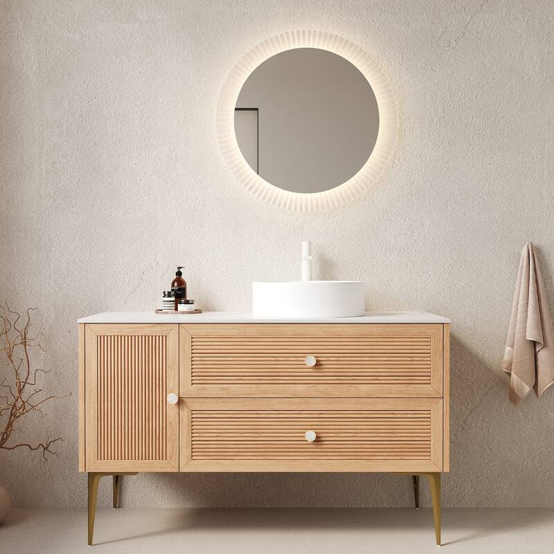 GDFStudio - Munin Freestanding Bathroom Vanity with Ceramic Sink, 4 Metal Legs, Oak Woodgrain Color, WITHOUT Faucet - 48"