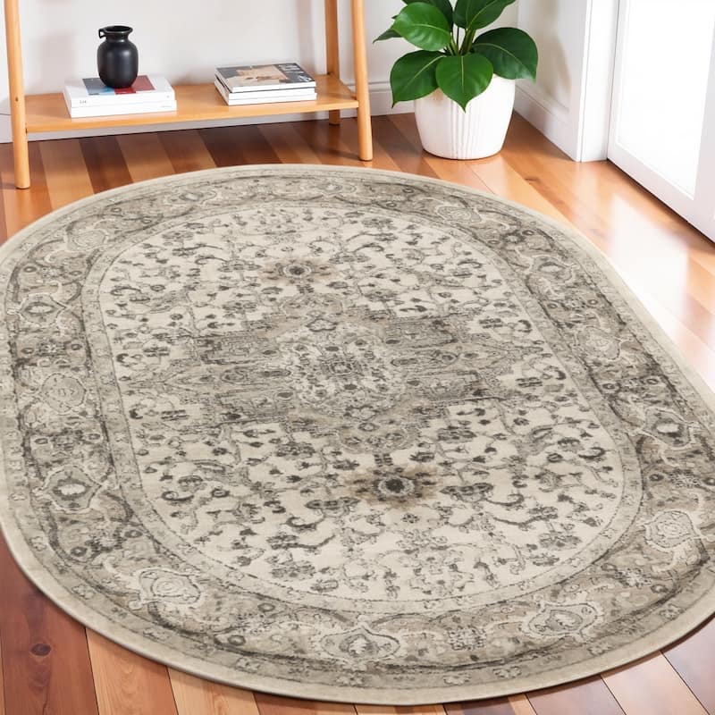 Medi Power Loomed Distressed Traditional Area Rug By HomeRoots - 96' X '60' X '0.32 - Gray and Ivory - Oval