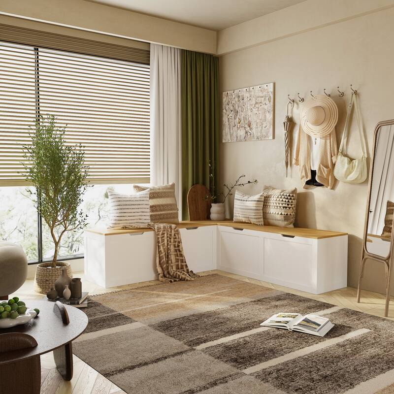 Corner Entryway Bench w/Hidden Storage White Oak Finish Shoe Cabinet