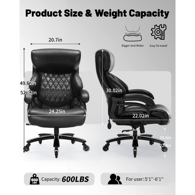 600LBS Large Heavy Duty Office Chair,High Back Executive Desk Chair with Pocket Spring Cushion, Quiet Rubber Wheel