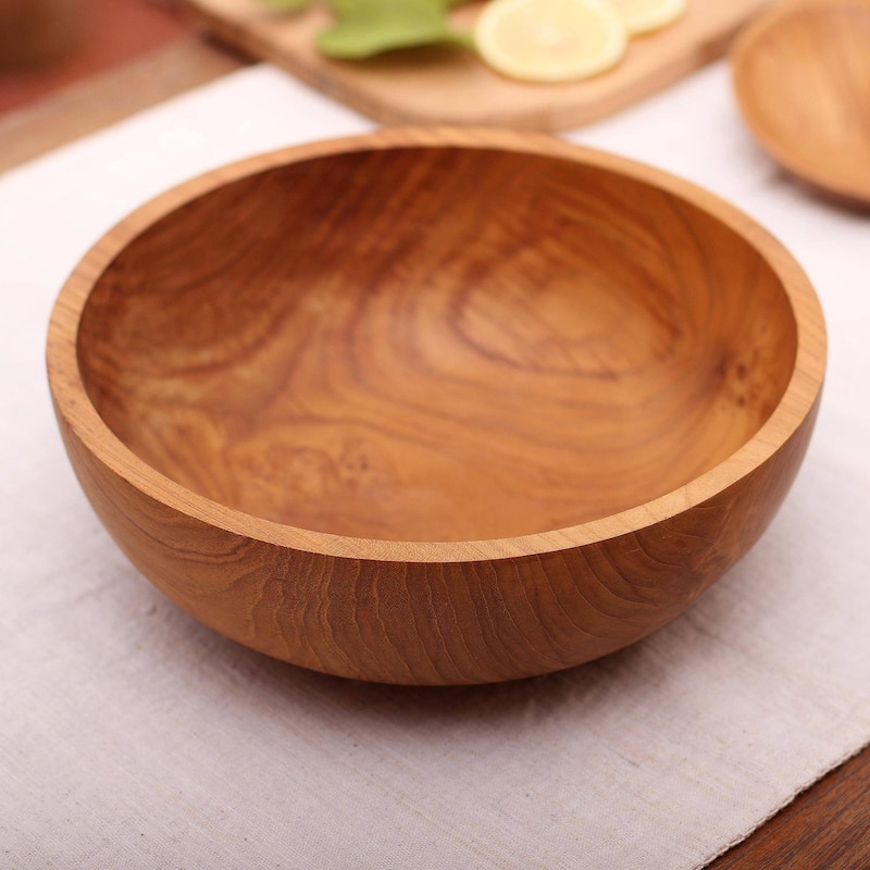 Handmade Calm Lumber Teakwood Serving Bowl (Indonesia) - 3.5" H x 9.75" Diam.
