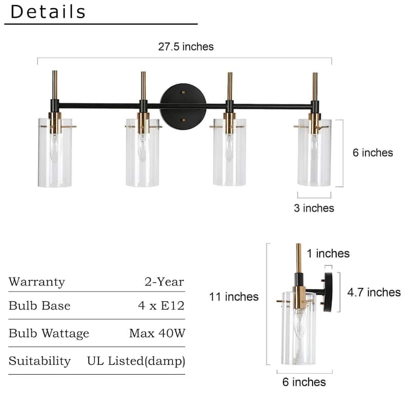 Alva Modern 4-Light Black Gold Bathroom Vanity Lights Cylinder Glass Wall Lamp - 27.5" L x 6" W x 11" H