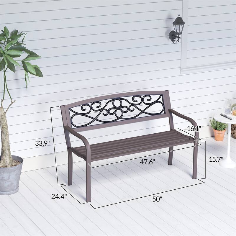 Two Curved Seats Outdoor Garden Bench with Floral Backrest and Steel Frame Armrests - 50" W x 24.4" D x 33.9" H