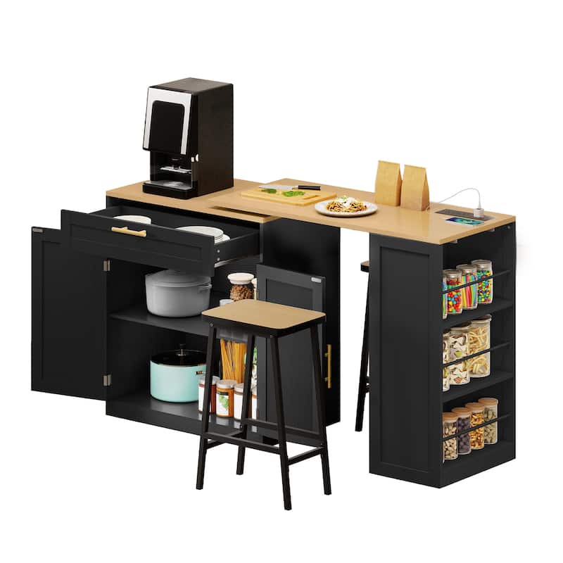 Moasis Kitchen Island with Seating & Extendable Dining Table,Mobile Storage Islands with 2 Chairs
