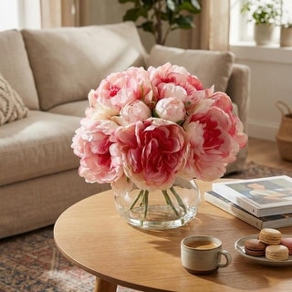 Pink Artificial Peonies with Vase, Silk Peony Flower Arrangement with Faux Water, Fake Peonies Bouquet