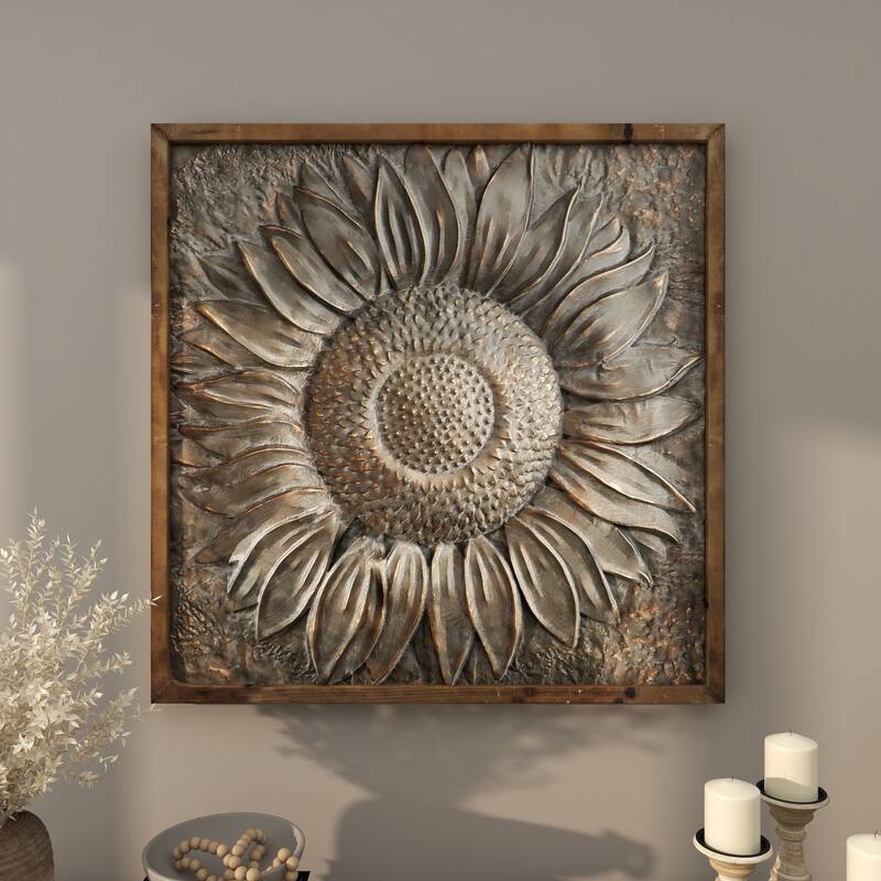 Gray Metal Sunflower Floral Home Wall Decor with Embossed Details