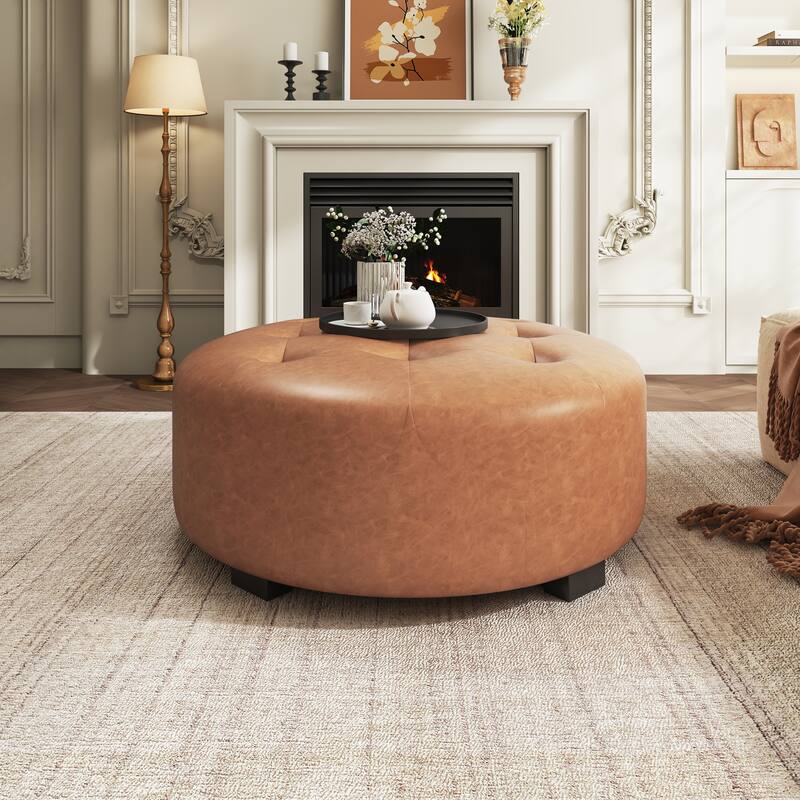 Upholstered Button Tufted Round Ottoman, PU