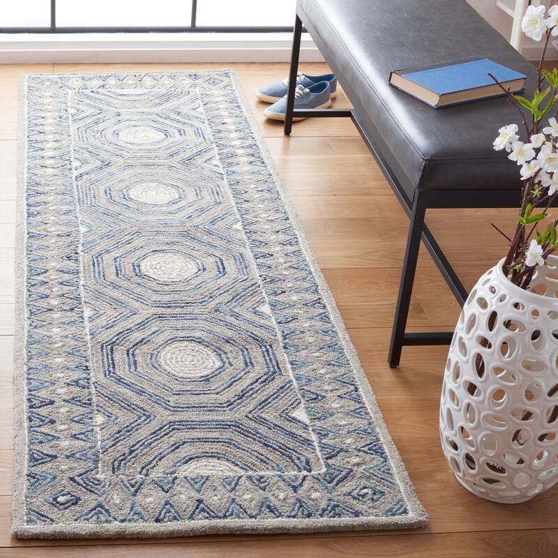 SAFAVIEH Handmade Micro-Loop Lindhilde Modern Wool Rug - 2'3" x 7' Runner - Ivory/Blue