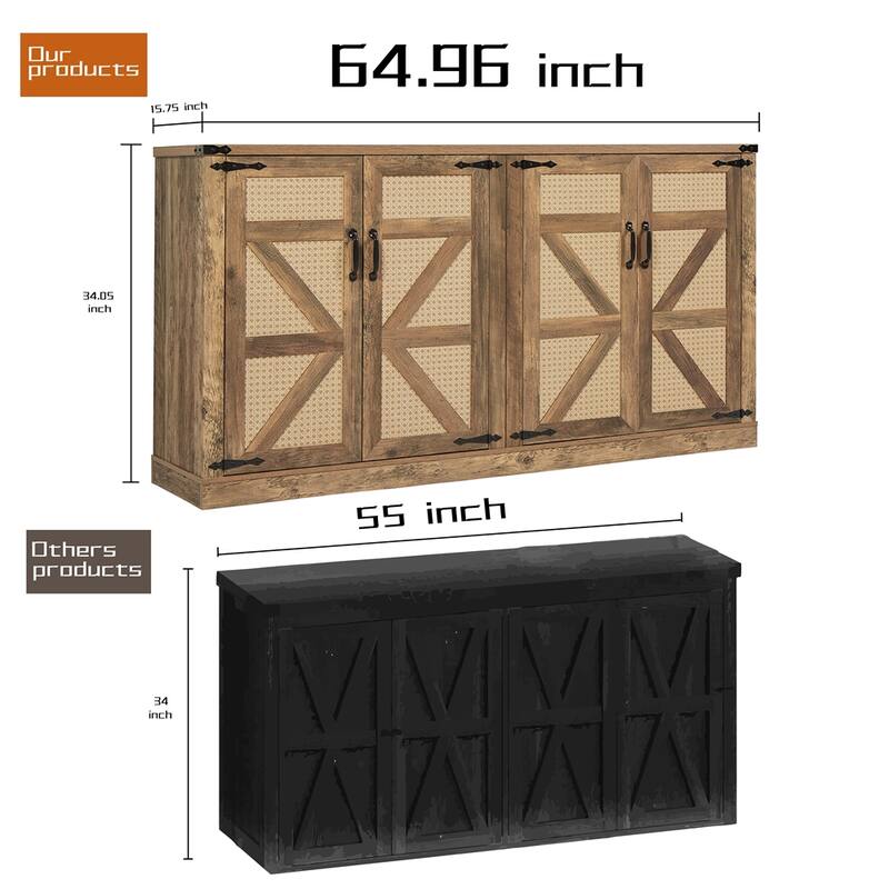 65-Inch Rustic Faux Rattan Sideboard,Barn Door Rustic Style Sideboard