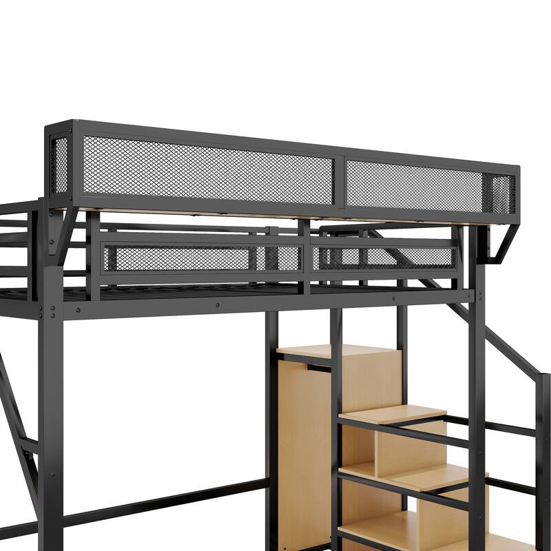 Metal Loft Bed with Wooden Stairs Built-in Storage Shelves and Wardrobe, High Loft Bed Frame with Side Grid Storage Rack