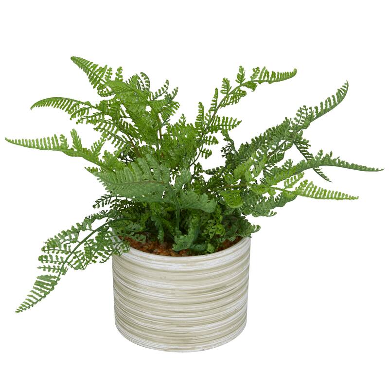 Faux Foliage Fern Artificial Plant with Realistic Leaves and Patterned Round Pot - Green - Roche River Decor