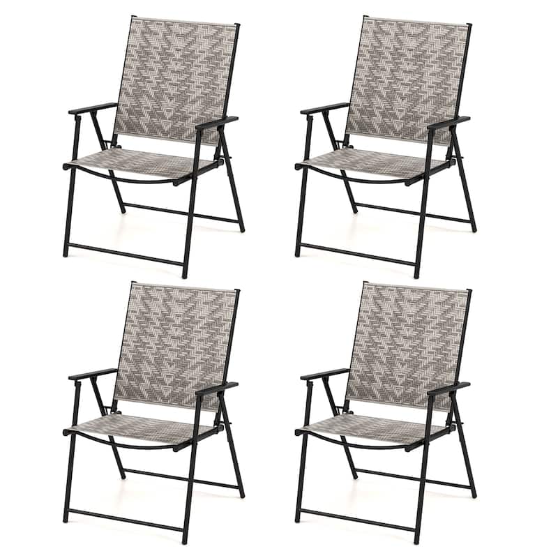 Gymax Set of 4 Folding Chairs w/ Armrests Metal Frame for Garden No - Grey
