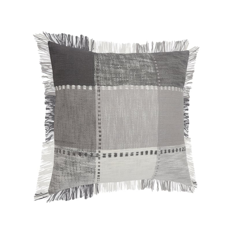Sevita Monochrome Patchwork Plaid Throw Pillow with Fringe