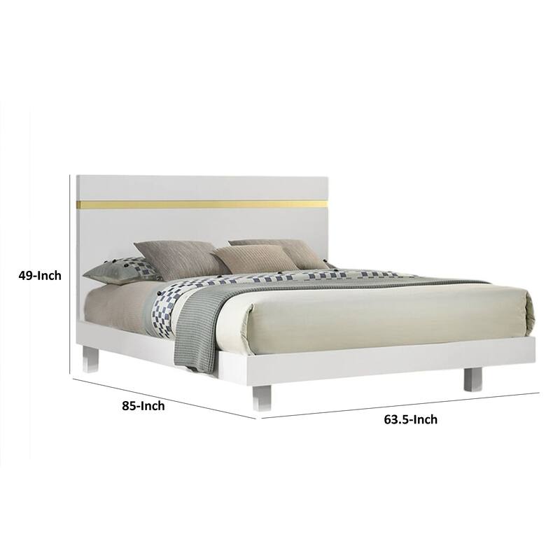 Yoki Queen Size Bed w Underbed LED, Acrylic Gold Trim, White Frame
