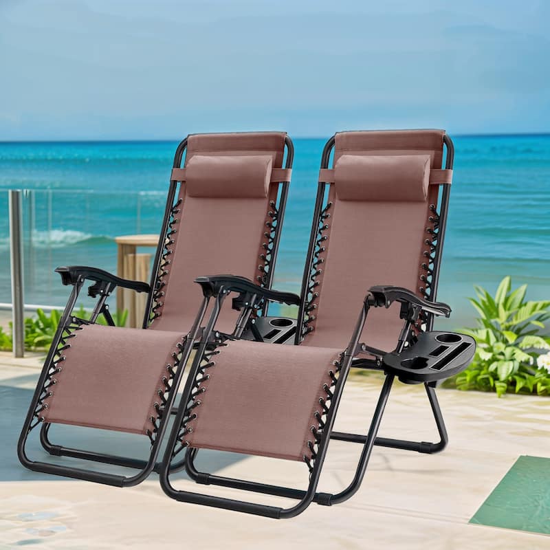 Set of 2 Zero Gravity Recliner Lounge Chairs with Cup Holders, Folding Patio Camping Beach Chairs for Outdoor Relaxation