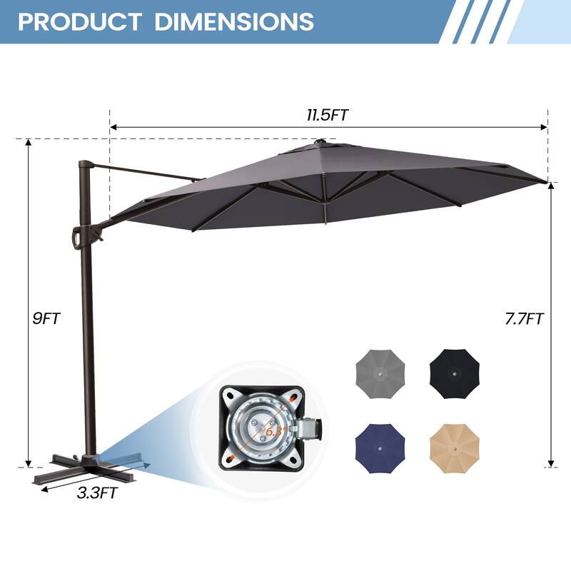 Crestlive Products 11.5ft Round Cantilever Patio Umbrella with 7-position Adjustment and 360-degree Rotation