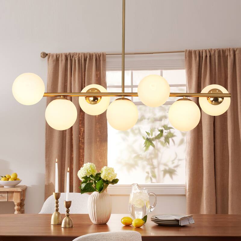 7-Light Mid-Century Modern Gold/Black Sputnik Metal Island Lights with Opal Glass Globe Shades for Kitchen, Dining Room