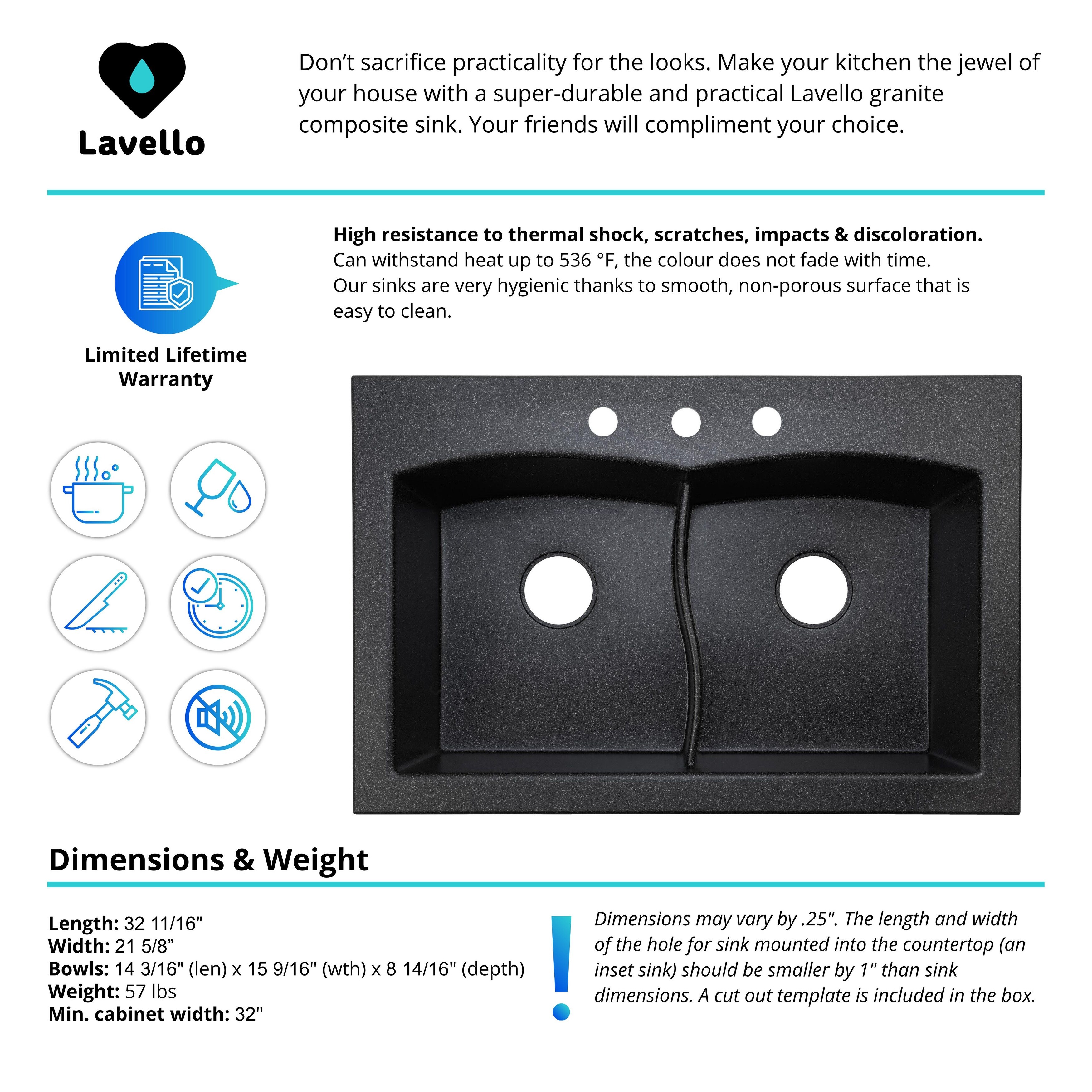 Shop Lavello Granite Composite 33 Drop In Double Bowl Kitchen Sink Orion 3 Holes Overstock 30997770 Black Metallic