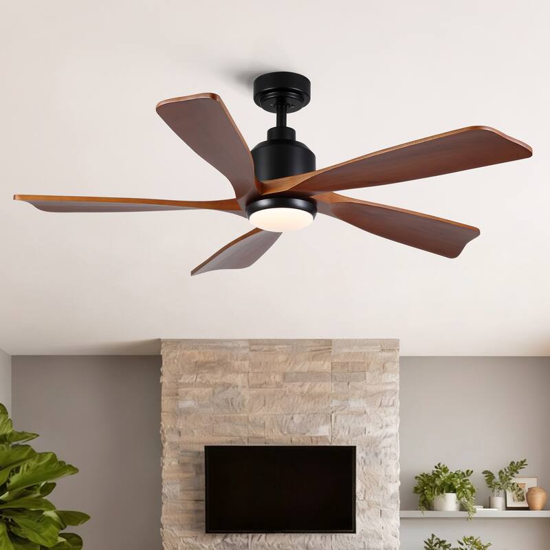 52 inch Natural Style Cozy Solid Wood White Ceiling Fan with Light, Quiet DC Motor - Black
