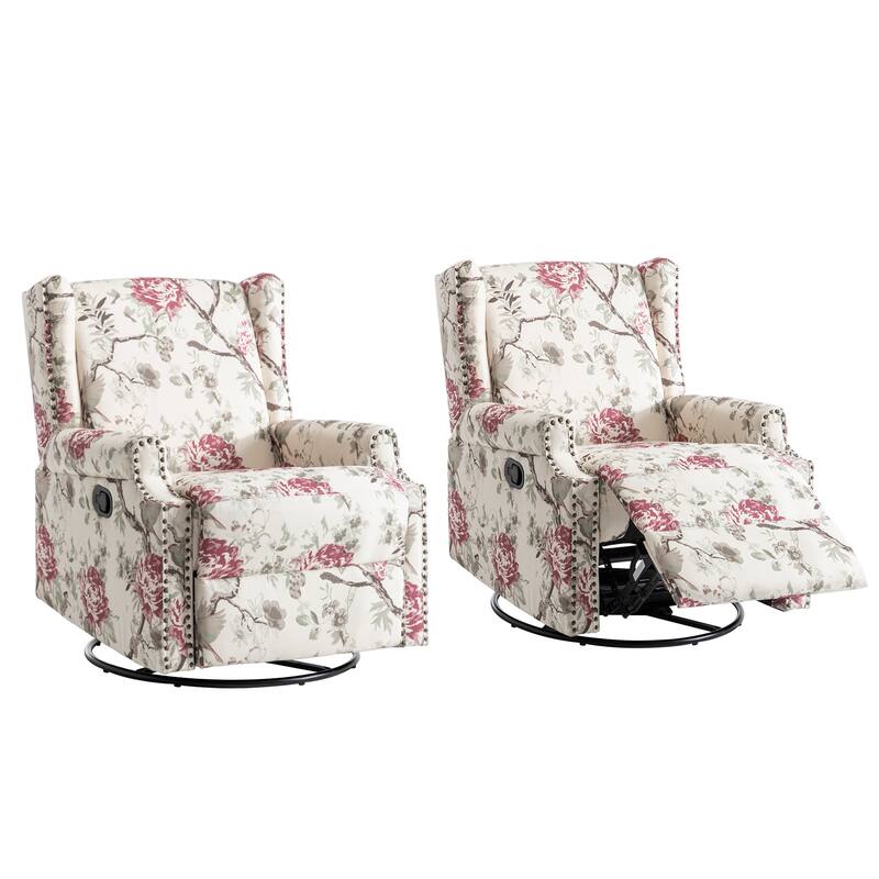 UIXE 2 Set Roderich Farmhouse Floral Print Swivel Rocker Push Back Recliner
