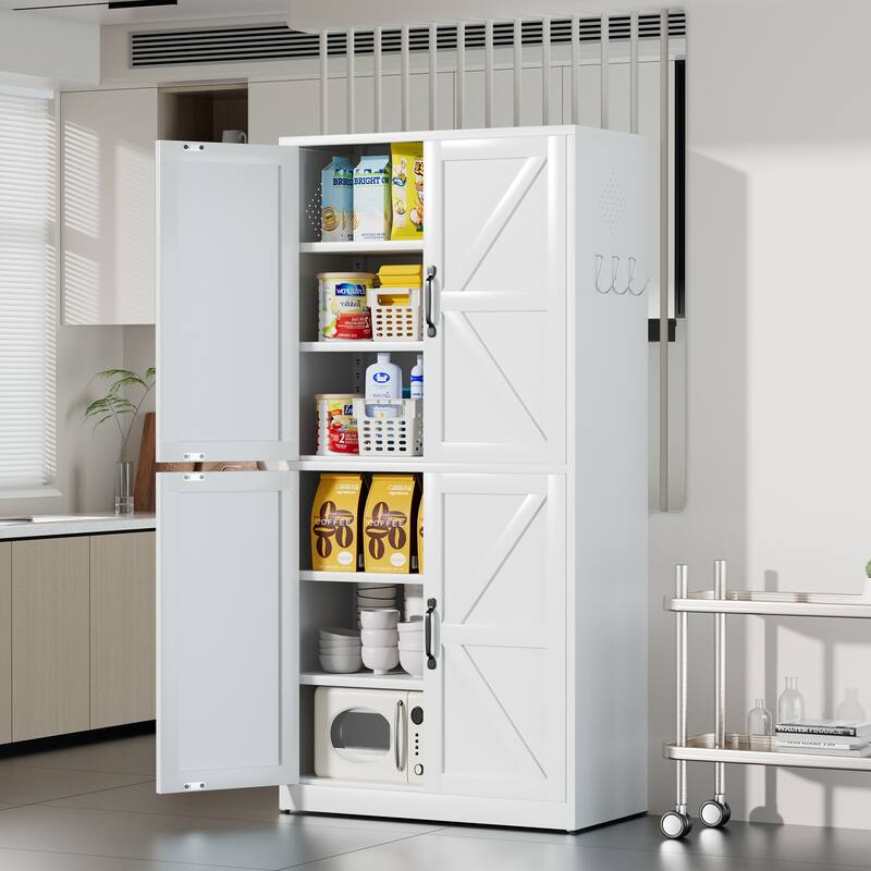 White Steel Kitchen Pantry Storage Cabinet with Adjustable shelves, heavy-duty country cabinet for kitchens, bathrooms