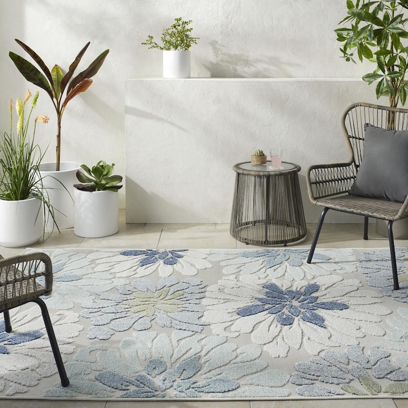 Livabliss Lakeside Tropical Outdoor Area Rug - 6'7" x 9' - Cream/Light Slate