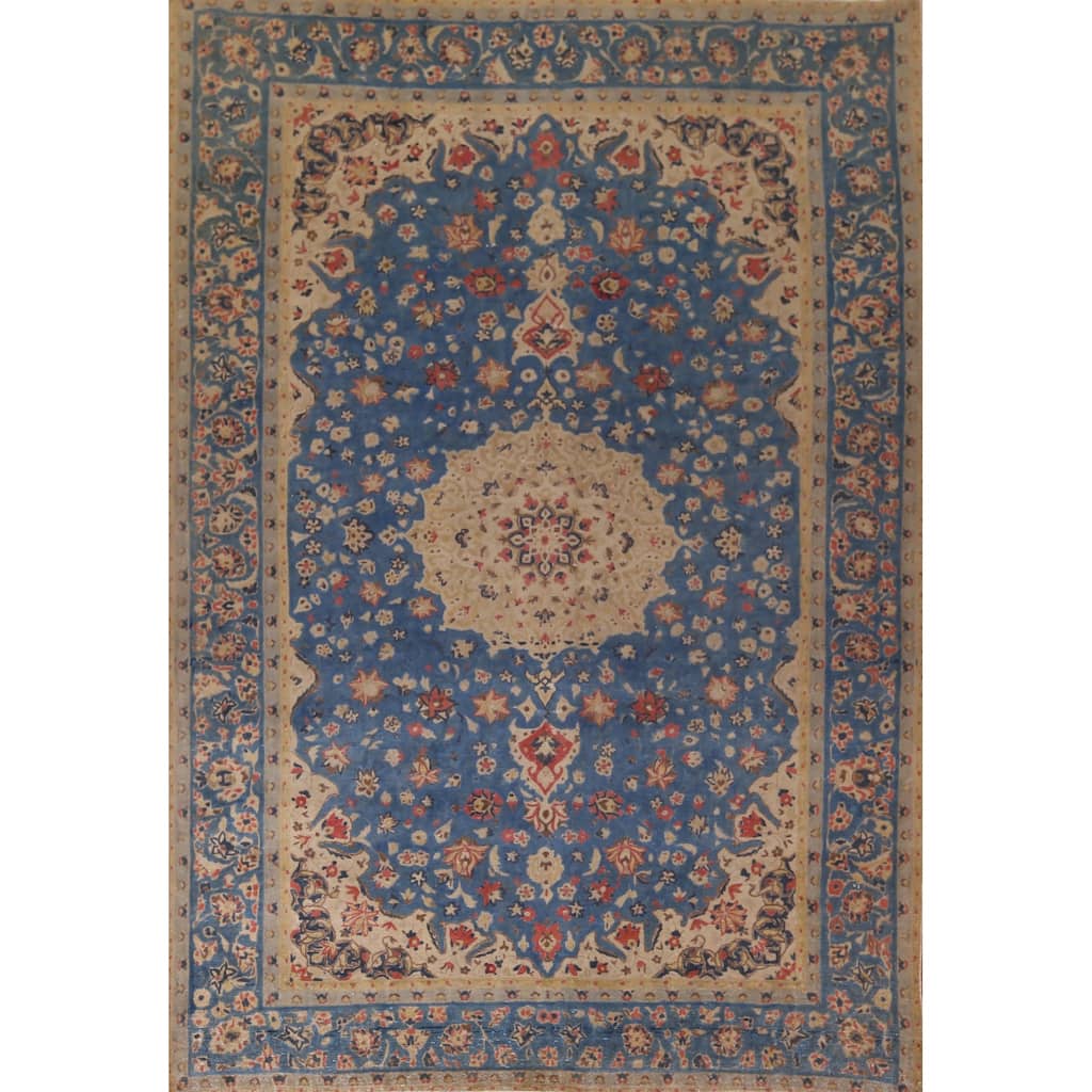 Blue Floral Tabriz Persian Vintage Rug Hand-Knotted Wool Carpet - 9'2"x 12'5"