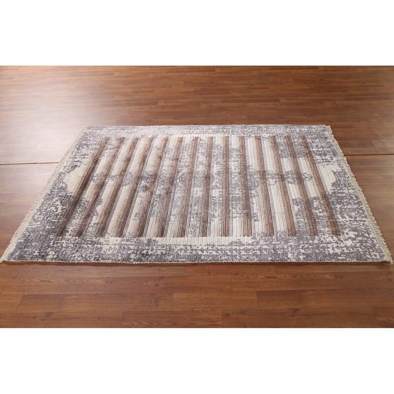 Striped Abstract Area Rug Handmade Oriental Wool Carpet - 4'0"x 5'9"