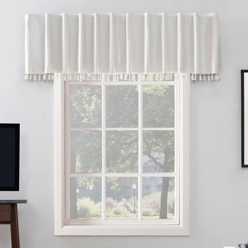 Sun Zero Evelina Faux Dupioni Silk Beaded Tassels Thermal Extreme Total Blackout Back Tab Curtain Valance - 50 x 17 - Pearl