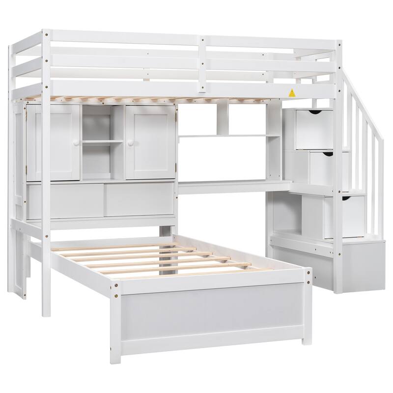 White Twin over Twin Loft Bed with Built-in Desk, Staircase & Storage