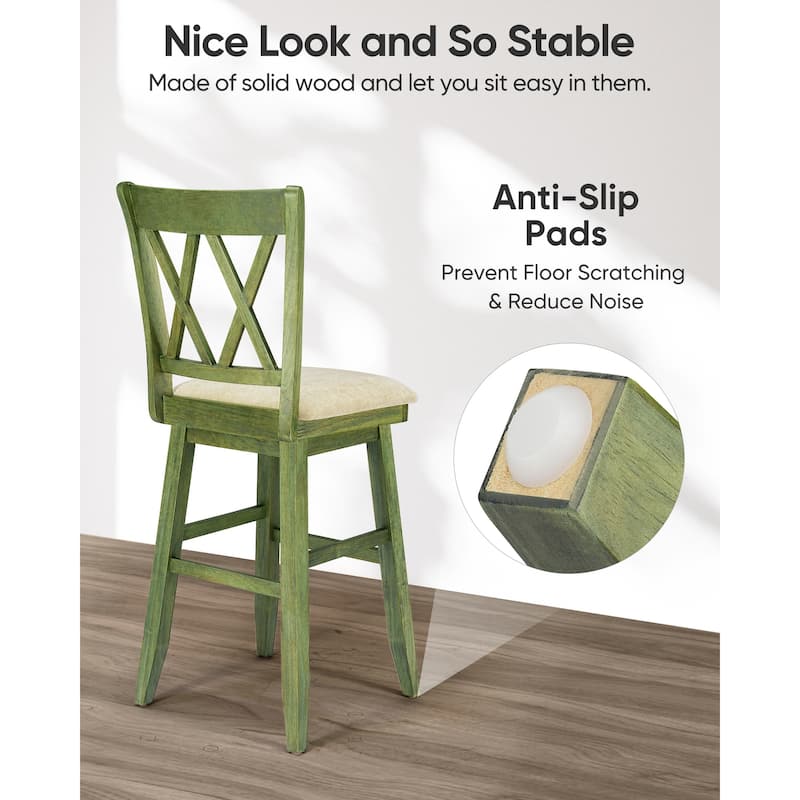 Double X Back Wood 360° Swivel Bar Stool with Foot Rest Upholstered Cushion