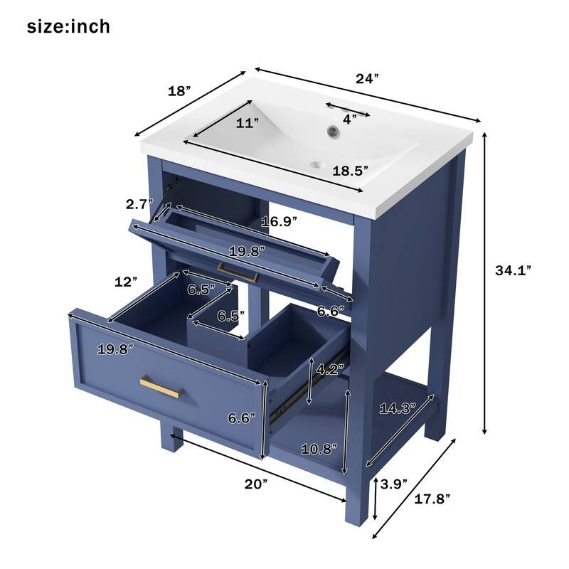 24-Inch Bathroom Vanity Set with Integrated Sink – Modern Storage Cabinet Featuring 2 Drawers - 18.00in. W X24.00in.DX34.10in. H