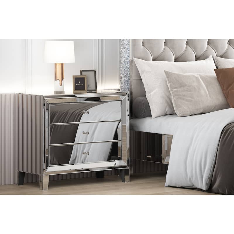 Glam Mirror Nightstand Bedside Table with 3 Drawer Chest