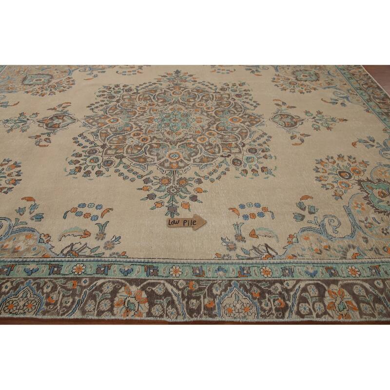 Hand Knotted Oriental 100% Wool Carpet Traditional Floral Beige & Ivories Tabriz Area Rug - 11' 6'' X 8' 7''