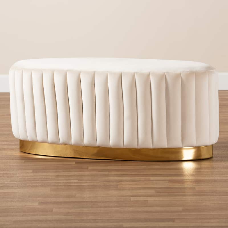 Kirana Glam and Luxe Velvet Fabric and Gold PU Leather Ottoman