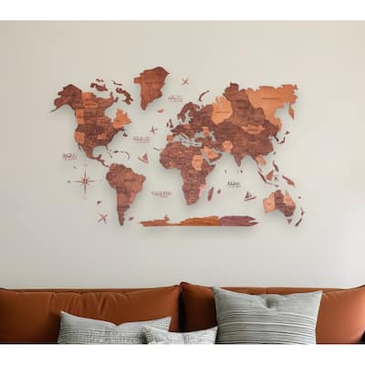 HomeRoots 35" X 59" Brown and Tan Wood World Map Hanging Dimensional Sculpture