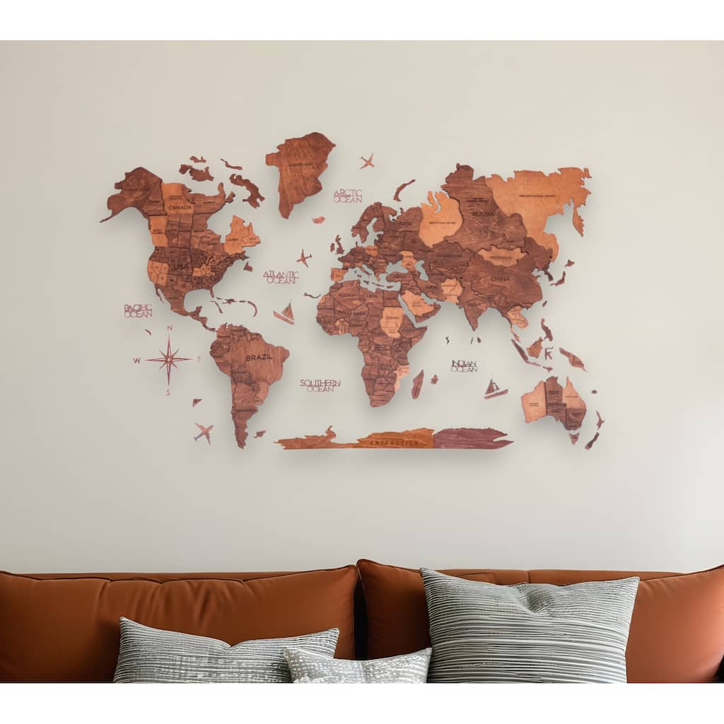 HomeRoots 35" X 59" Brown and Tan Wood World Map Hanging Dimensional Sculpture