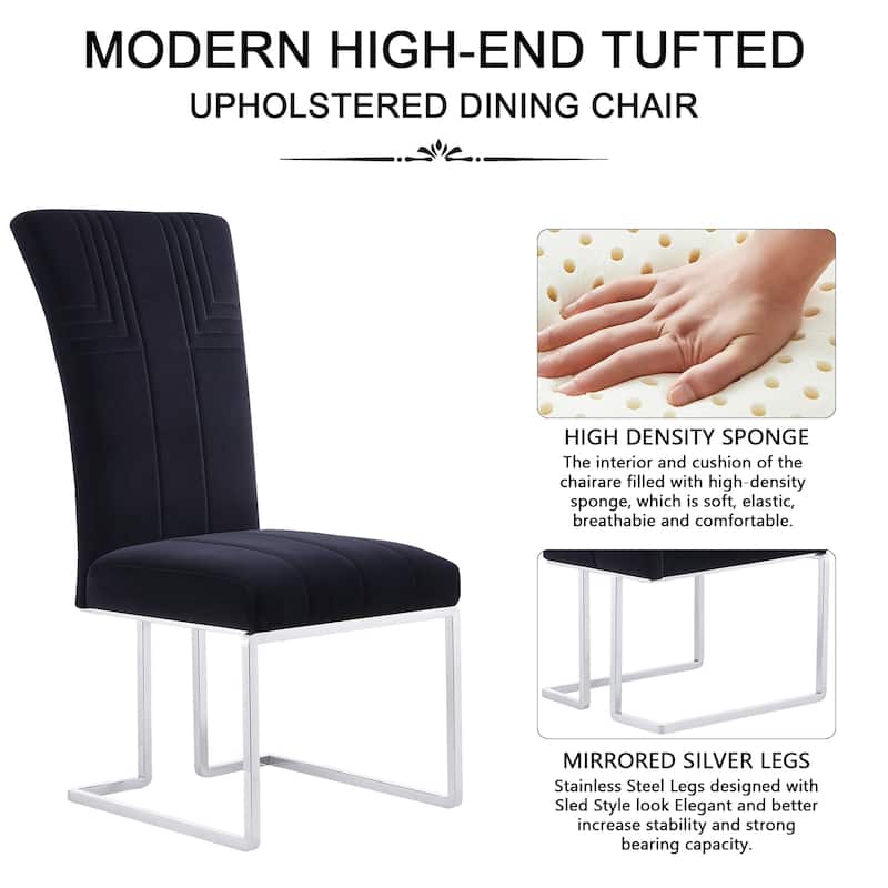 Modern Black Velvet Dining Room Chairs with Mirrored Silver Sled Legs