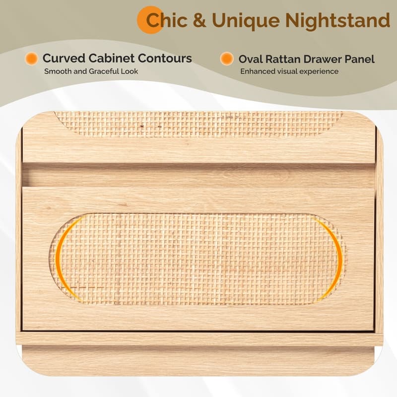 Oak Nightstand with 2 Drawers, Shelf, Socket & Rattan Detail