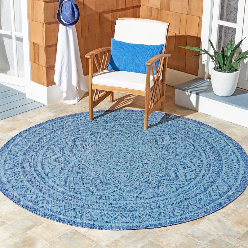 SAFAVIEH Courtyard Fran Mandala Indoor/ Outdoor Waterproof Patio Backyard Rug - 6'7" Round - Navy/Aqua