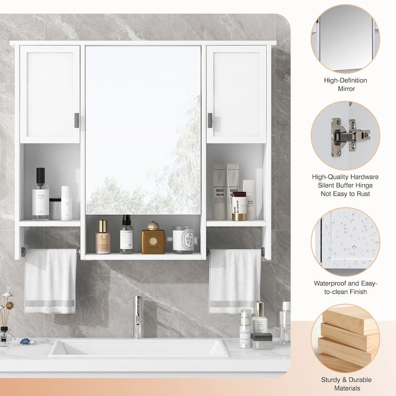 Over the Toilet Medicine Cabinet Wall Cabinet for Bathroom with Mirrored Cabinet, Side Cabinets, Open Shelves and Towel Racks
