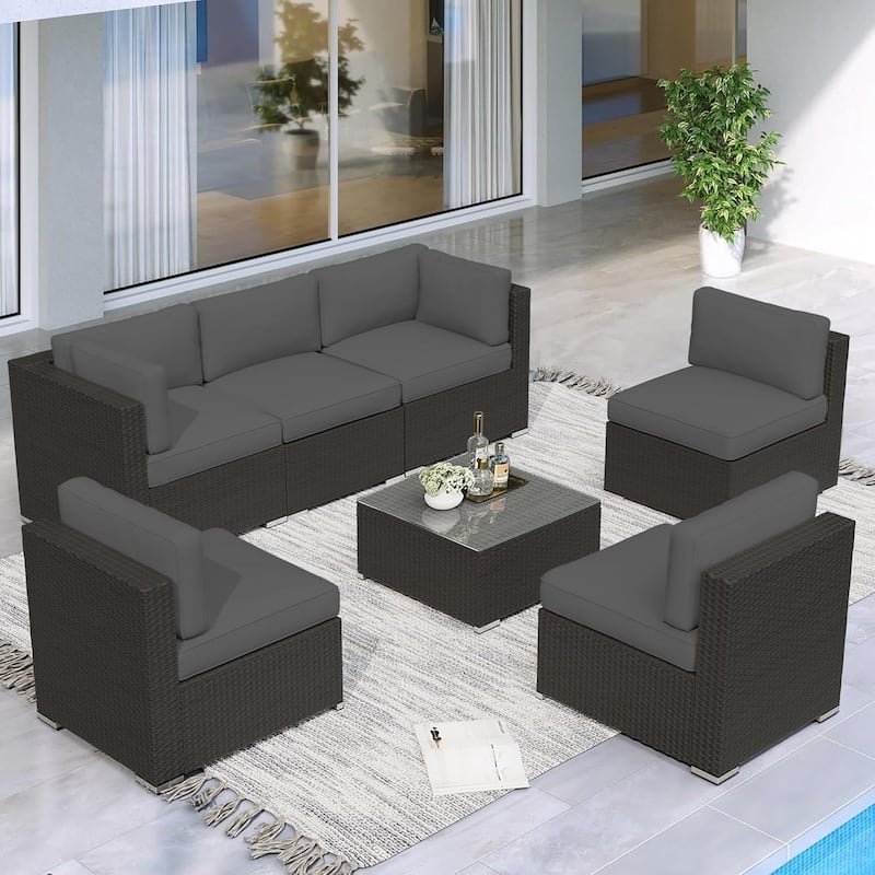 7 Piece Outdoor Patio Furniture Set Grey/Black Wicker Conversation Sectional Sofa Set with Coffee Table and Cushions