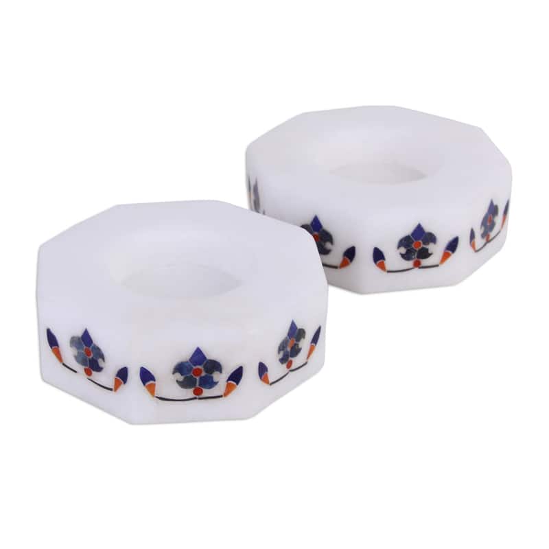 Novica Handmade Floral Alliance In Blue Marble Tealight Holders (Pair)