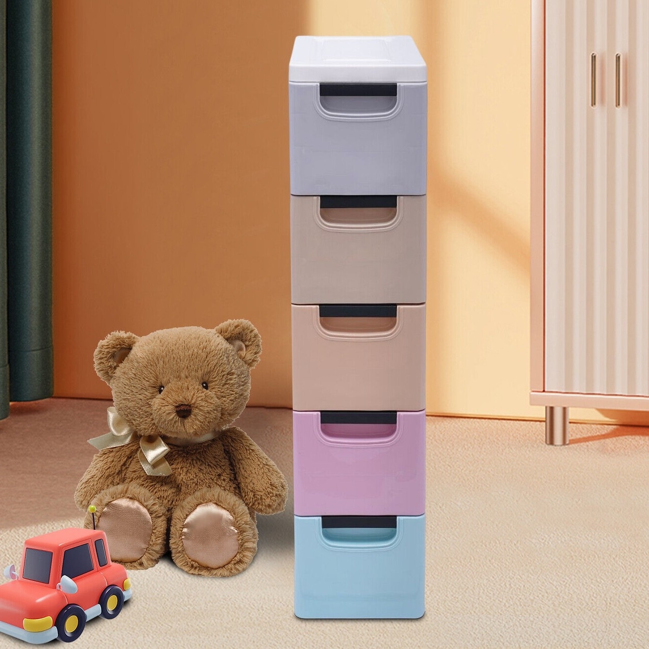 PP Plastic Storage Cabinet w/5 Drawers, Stackable Vertical Clothes