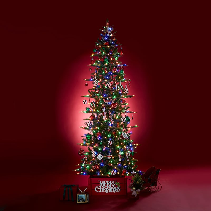 Glitzhome 7.5ft/9ft Pre-Lit Evergreen Slim Fir Artificial Christmas Tree With Strawberry Lights