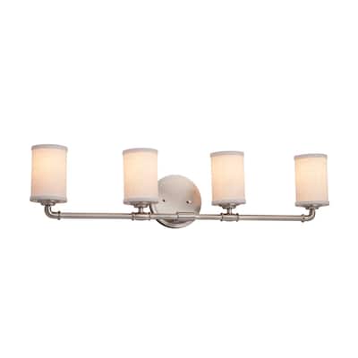 Justice Design Textile Bronx 4-light Brushed Nickel Bath Bar, White Cylinder w/ Flat Rim Shade - Brushed Nickel