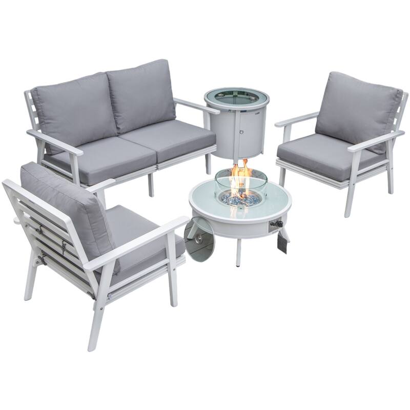 Walbrooke Modern 5-Piece Outdoor Aluminum Conversation Set of 3 Polyester Chairs, Fire Pit Table with Lid and Tank Holder - Grey