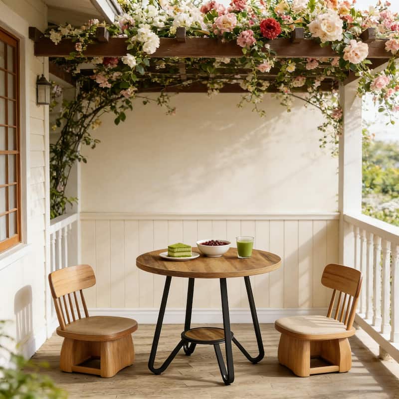 Round Dining Table with Storage Shelf, Home Office Table Meeting Table, Kitchen Table with Metal Base